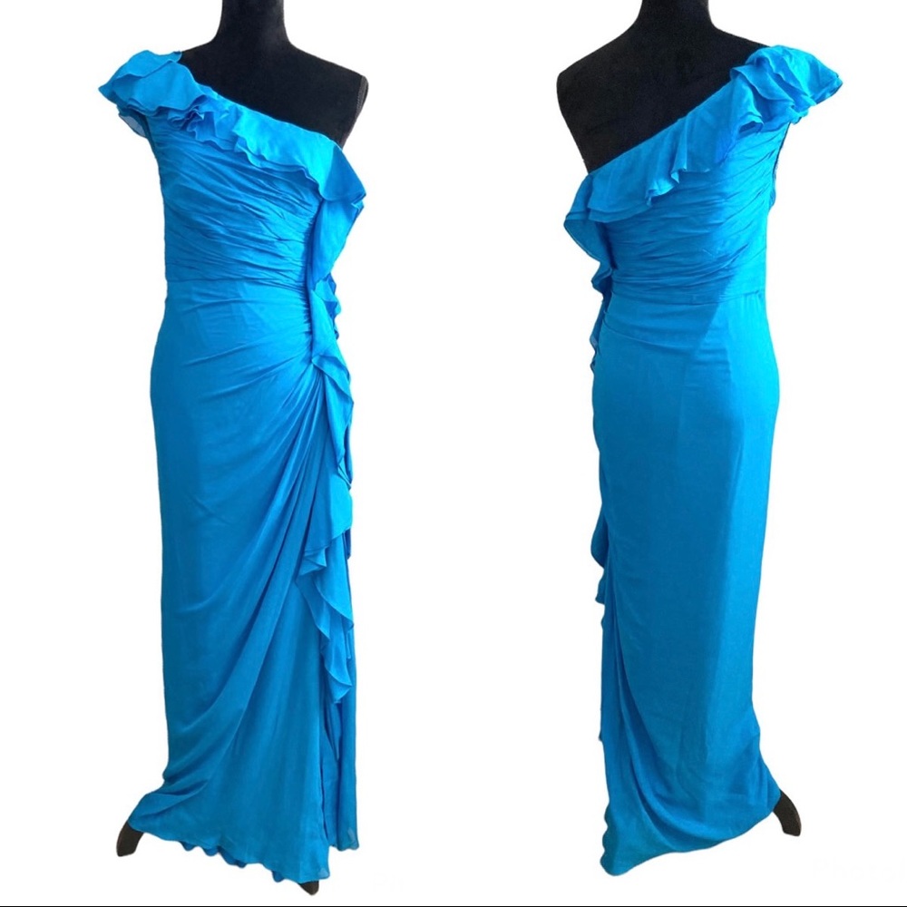 Badgley Mischka Blue Silk Ruffled One-Shoulder Mermaid Maxi Dress